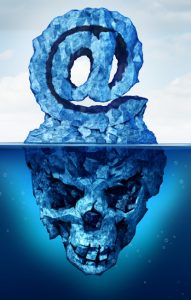 Email risk and internet communication danger as an iceberg shaped as an ampersand e-mail symbol with a skull shape hidden under the water as a metaphor for deceptive web attack.