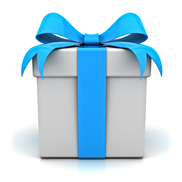 Gift box or present box with blue ribbon bow isolated over white background.