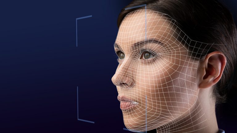 Close up portrait face of serious caucasian young woman, double exposure face scan of lady for face recognition person