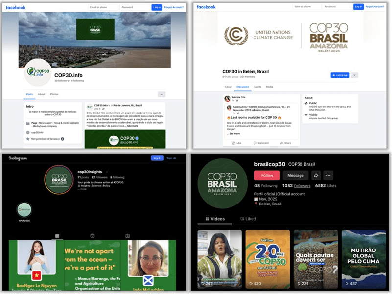 Exemplos de perfis falsos em redes sociais criados em torno da conferência COP30 em Belém. As contas fraudulentas replicam a identidade visual e as convenções de nomenclatura oficiais do evento para parecerem legítimas, podendo servir como isca para campanhas de phishing, desinformação ou esquemas fraudulentos de hospedagem e venda de ingressos - Check Point Software alerta para novos golpes de phishing