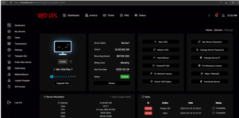 Uma captura de tela do painel de controle do usuário da RedVDS, incluindo um programa de fidelidade e bônus por indicação de clientes.